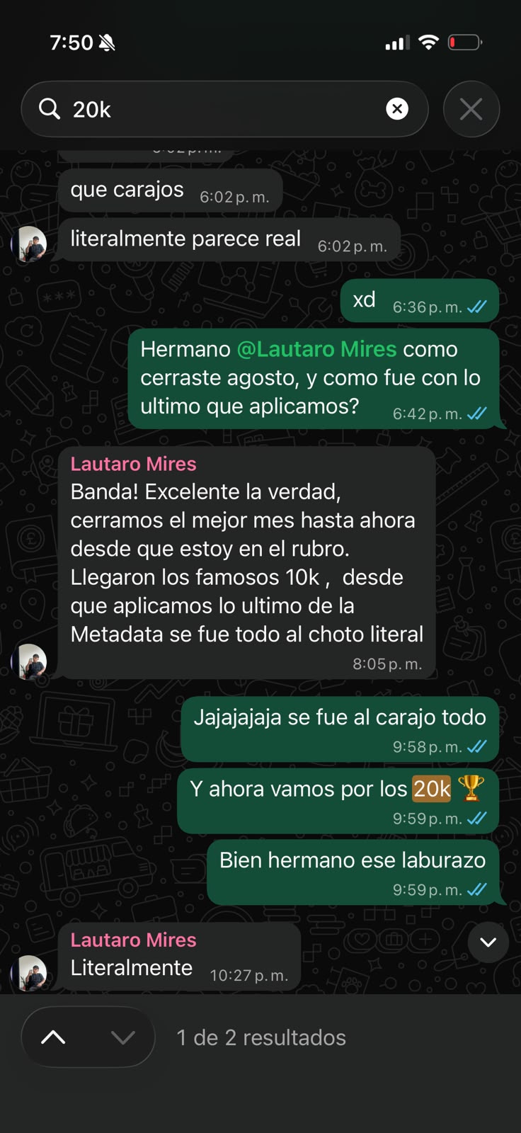 Captura del chat de Lauti Mires, 18 años, con $10.000 dólares de ganancia en un mes