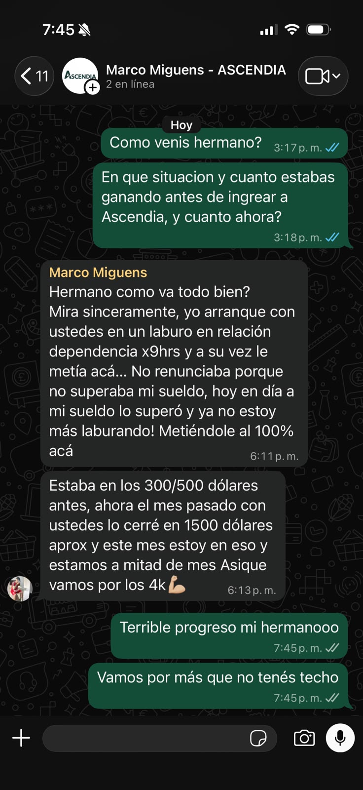 Captura del mensaje de Marco Miguens