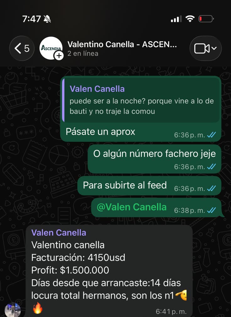 Captura del chat de Valen Canella con $1.000 dólares de ganancia en sus primeros 14 días